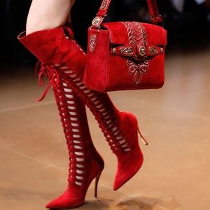 Versace red over knee boots